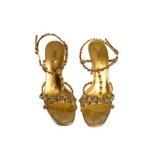 Miu Miu S/S 2004 Floral Gold Leather T-Strap Sandal Heels